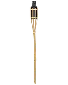 Bambufackla för trädgården med svart metallbränslebehållare, avsedd för utomhusbruk. Spetsig ände för enkel markplacering och skyddande bur runt behållaren.