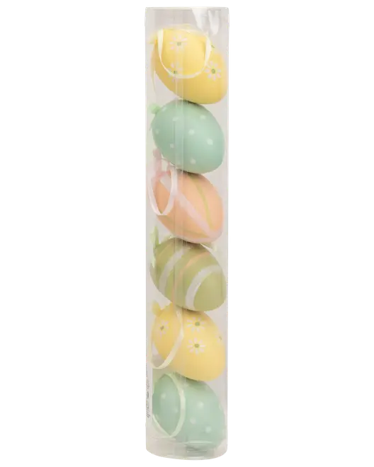 Set med sex dekorativa påskägg i pastellfärger med olika mönster, förpackade i en genomskinlig plastask. Perfekt för dekoration eller pyssel.