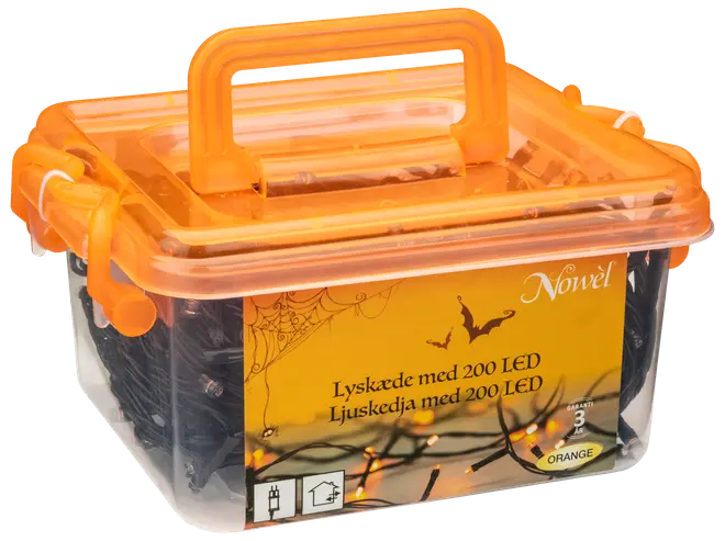 Låda med 200 orange LED-ljusslingor för inomhus- och utomhusbruk, förpackad i genomskinlig plastbehållare med orange lock och handtag, perfekt för dekoration.