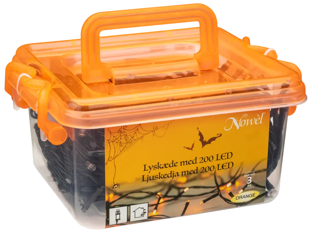 Låda med 200 orange LED-ljusslingor för inomhus- och utomhusbruk, förpackad i genomskinlig plastbehållare med orange lock och handtag, perfekt för dekoration.