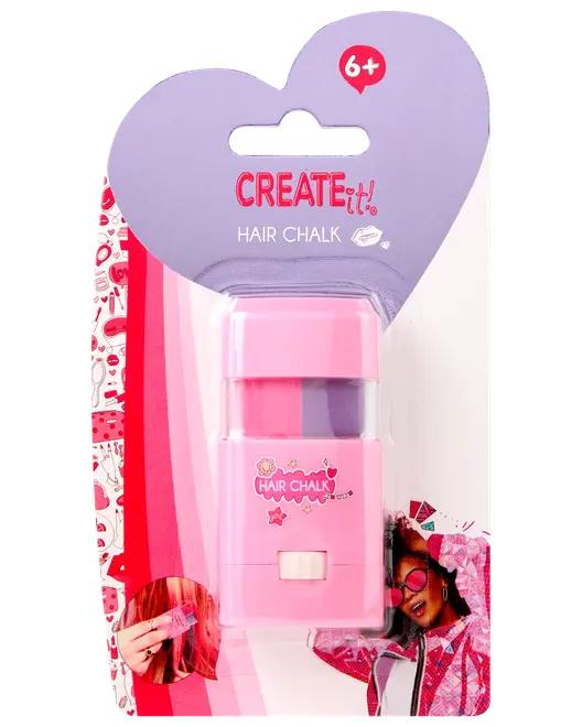 Create It! Hårkridt til børn fra 6 år, pink applikator med lilla og pink kridt, nem slider, pakket på hjerteformet kort, perfekt til midlertidig hårfarvning.