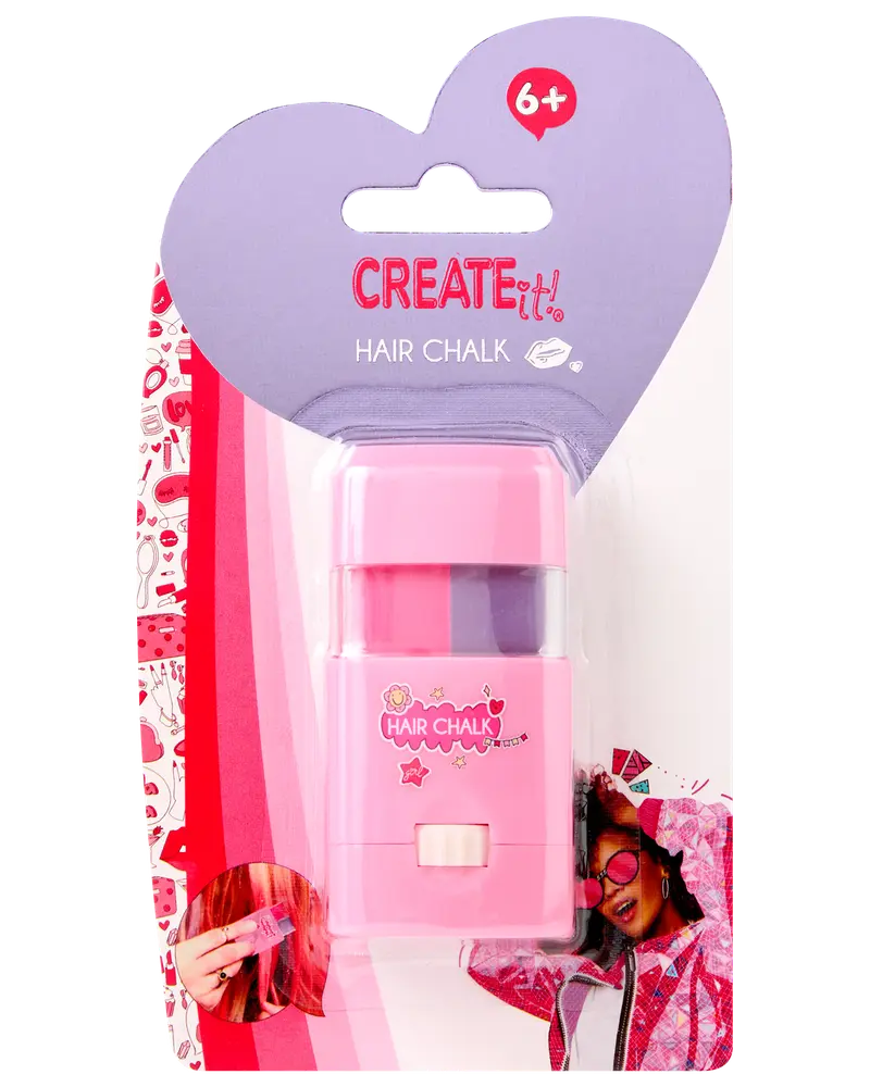 Create It! Hårkridt til børn fra 6 år, pink applikator med lilla og pink kridt, nem slider, pakket på hjerteformet kort, perfekt til midlertidig hårfarvning.