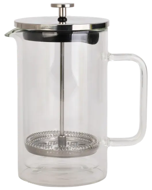 Gennemsigtig glas stempelkande med metalstempel og netfilter, cylinderformet med klart håndtag og låg i rustf espel. Moderne og enkel til brygning af kaffe eller te.