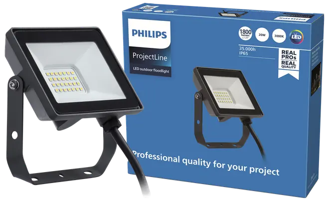 Philips ProjectLine LED udendørs projektør, 20W, 1800 lumen, 3000K varm hvid, sort metalhus, justerbart beslag, IP65 vandtæt, leveres med produktæske og specifikationer.