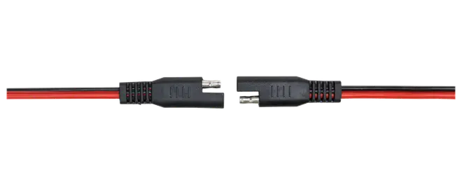 Sæt sorte plastikkabler med hurtigkoblingsstik og røde/sorte ledninger, designet til nem og sikker elektrisk tilslutning i bil- eller elektronikapplikationer.