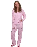 Dam-pyjamaset med långärmad tröja och byxor, vitt tyg med små röda polkagrisar, knappar framtill, avslappnad passform, perfekt för sömn och mys.