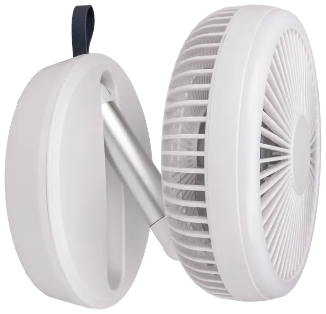 Kompakt hvid bærbar ventilator med rund gitter, justerbart metalstativ og bærestrop. Moderne design, let og nem at placere for optimal luftstrøm.