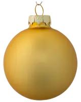 Matt guldfärgad julgranskula, rund med metallisk guldkapsel och hängögla. Enkel, elegant design för juldekoration eller presentinslagning.