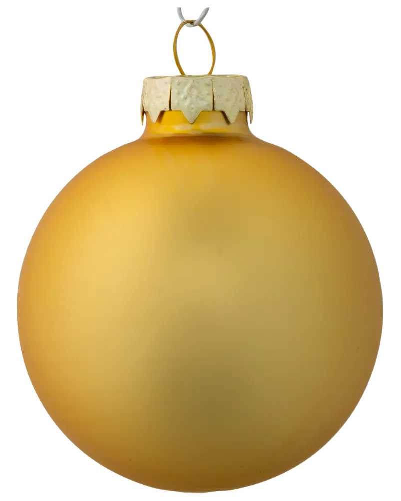 Matt guldfärgad julgranskula, rund med metallisk guldkapsel och hängögla. Enkel, elegant design för juldekoration eller presentinslagning.