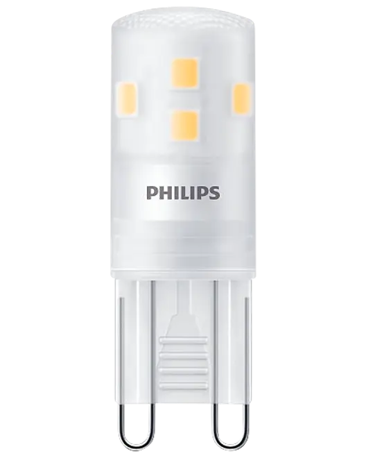 Philips LED G9 pære, cylindrisk form, mat overflade, synlige gule LED-chips, tobenet sokkel. Kompakt og energieffektiv erstatning for traditionelle halogenpærer.