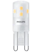 Philips LED G9 pære, cylindrisk form, mat overflade, synlige gule LED-chips, tobenet sokkel. Kompakt og energieffektiv erstatning for traditionelle halogenpærer.