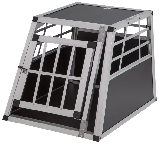 Aluminium hundbur med lutande front, gallerförsedd dörr och solida sidopaneler. Perfekt för biltransport, ger ventilation och säkerhet för medelstora till stora hundar.
