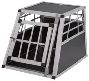 Aluminium hundbur med lutande front, gallerförsedd dörr och solida sidopaneler. Perfekt för biltransport, ger ventilation och säkerhet för medelstora till stora hundar.