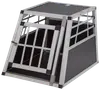 Aluminium hundbur med lutande front, gallerförsedd dörr och solida sidopaneler. Perfekt för biltransport, ger ventilation och säkerhet för medelstora till stora hundar.