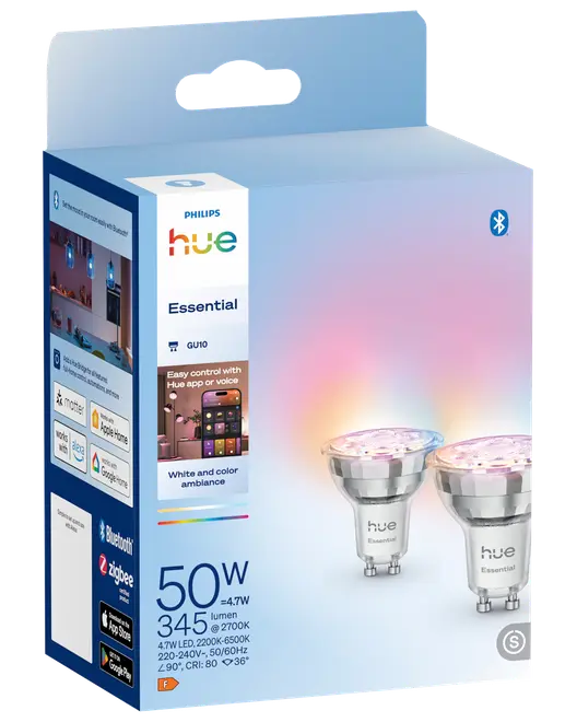 Philips Hue Essential GU10 smarte LED-pærer, 50W ækvivalent, 345 lumen, hvid og farve, Bluetooth og Zigbee, app- og stemmestyring, to pærer i pakken.