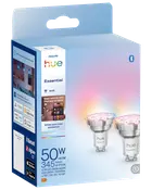 Philips Hue Essential GU10 smarte LED-pærer, 50W ækvivalent, 345 lumen, hvid og farve, Bluetooth og Zigbee, app- og stemmestyring, to pærer i pakken.