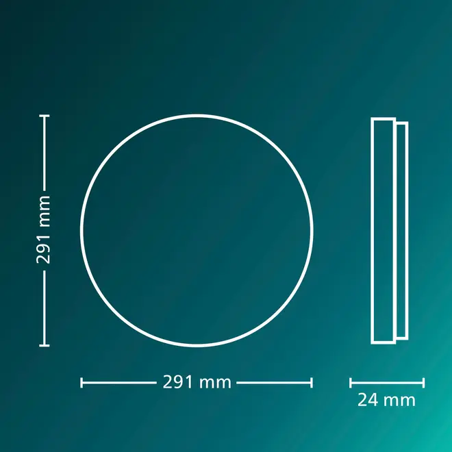 Cirkulært produkt med en diameter på 291 mm og en tykkelse på 24 mm, vist fra front og side med tydelige måleangivelser på en turkis baggrund.