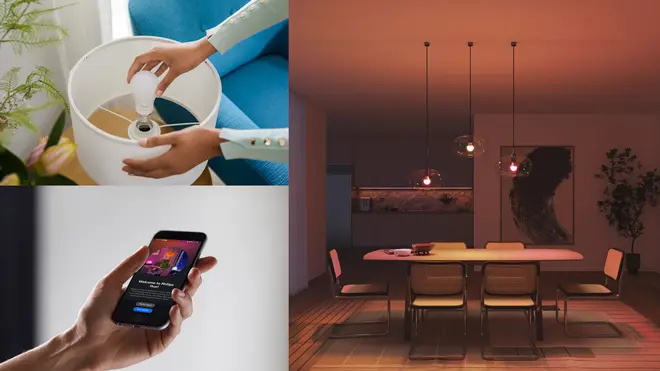 Smart LED-pære installeres, styres via smartphone-app og lyser op i spisestue med justerbar farvebelysning. Ideel til moderne hjemmeautomatisering og stemningsbelysning.
