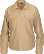 Beige långärmad arbetsskjorta med knappar, två bröstfickor med lock, spetsig krage och slitstarkt tyg. Avslappnad passform och robust design.
