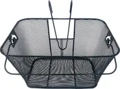 Rectangular black metal basket with a mesh design, featuring two hooks at the top for easy attachment, reinforced edges for durability, and a spacious interior suitable for carrying various items. The basket has a sturdy frame and side cutouts for additional mounting options.