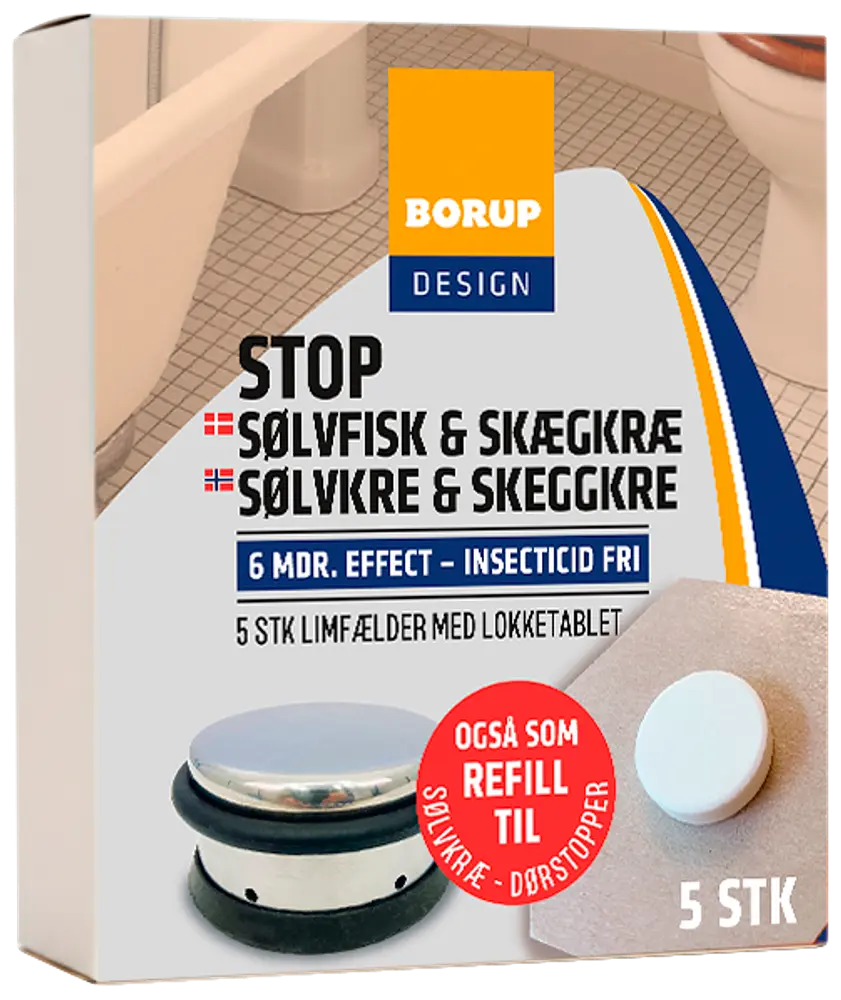 Borup Design limfælde mod sølvfisk og skægkræ, 5 stk. Indeholder limfælder med lokketablet, uden insekticid, 6 måneders effekt. Kan bruges som refill.