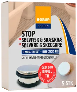 Borup Design limfælde mod sølvfisk og skægkræ, 5 stk. Indeholder limfælder med lokketablet, uden insekticid, 6 måneders effekt. Kan bruges som refill.