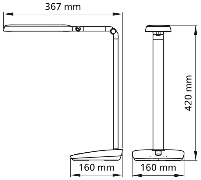 Skrivebordslampe med justerbar arm, rektangulær base 160x160 mm, højde 420 mm, lampehoved 367 mm. Vist i side- og frontteknisk tegning med mål.