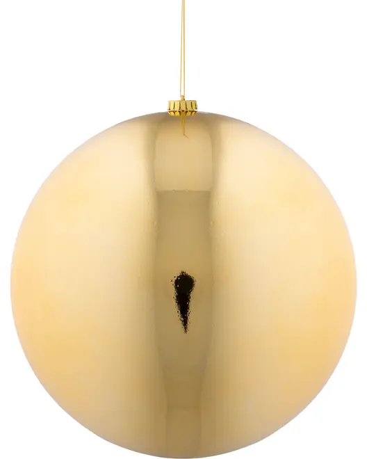 Stor, rund, gylden juleornament med blank, reflekterende overflade. Har en guldfarvet top og ophængssnor. Perfekt til festlig juleudsmykning.