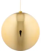 Stor, rund, gylden juleornament med blank, reflekterende overflade. Har en guldfarvet top og ophængssnor. Perfekt til festlig juleudsmykning.