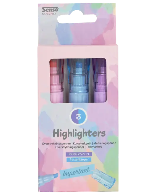 Sæt med 3 pasteloverstregningstuscher i pink, blå og lilla. Skrå spids. Leveres i en pastelæske med vindue, der viser tuscherne. Velegnet til markering og fremhævning af tekst.