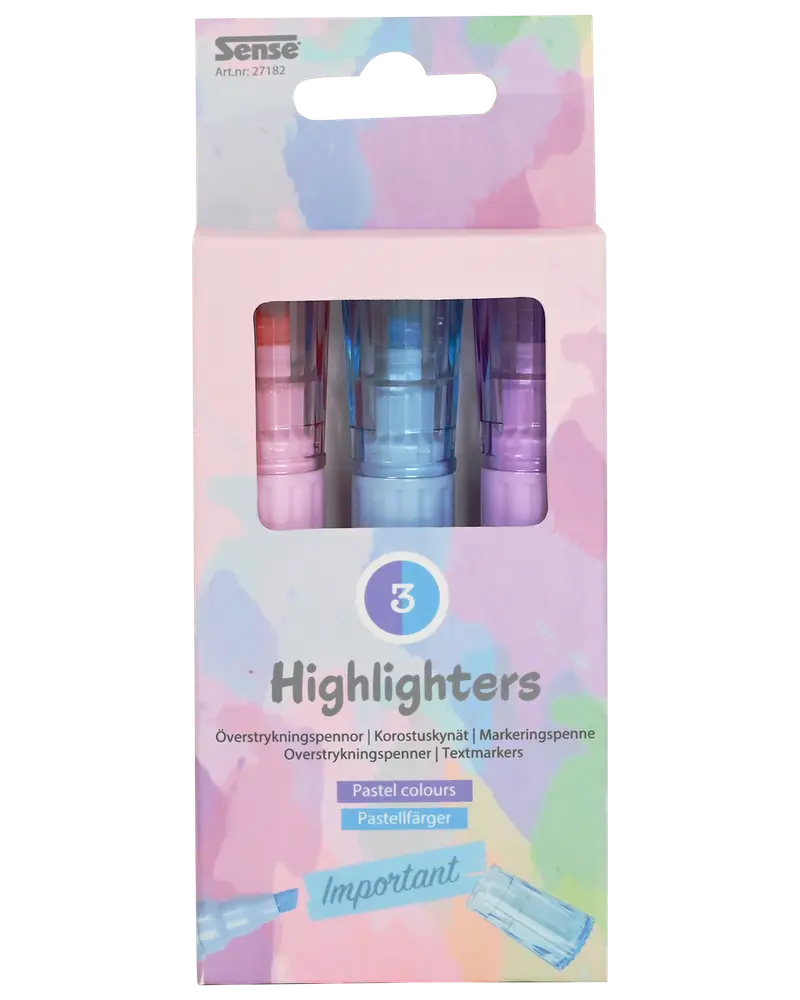 Set med 3 överstrykningspennor i pastellfärger: rosa, blå och lila. Snedskuren spets. Förpackade i pastellfärgad ask med fönster. Perfekt för att markera text.