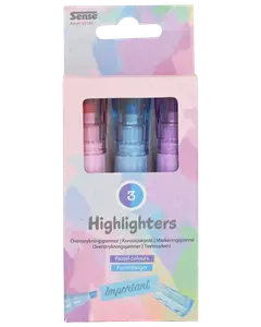 Set med 3 överstrykningspennor i pastellfärger: rosa, blå och lila. Snedskuren spets. Förpackade i pastellfärgad ask med fönster. Perfekt för att markera text.