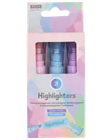 Set med 3 överstrykningspennor i pastellfärger: rosa, blå och lila. Snedskuren spets. Förpackade i pastellfärgad ask med fönster. Perfekt för att markera text.