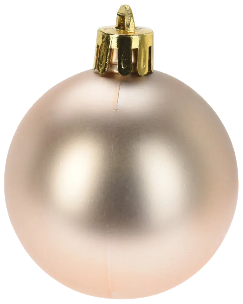 Matt julgranskula i champagnefärg med slät yta och guldfärgat metallfäste. Enkel och elegant dekoration för julgran eller festliga arrangemang.