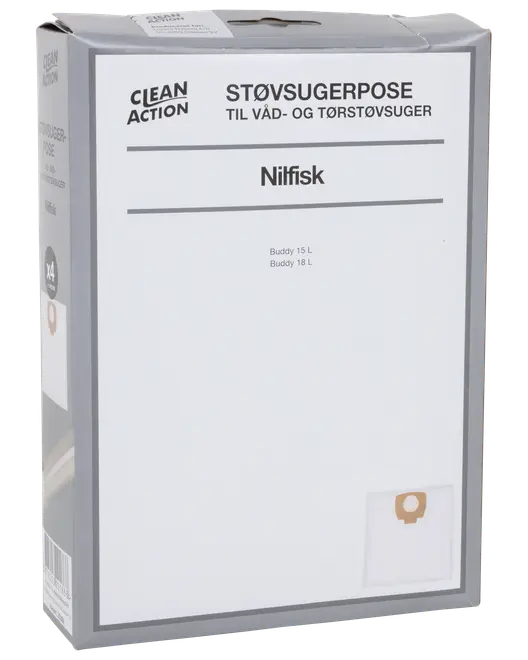 Förpackning med Clean Action dammsugarpåsar för Nilfisk Buddy 15L och 18L, passar våt- och torrdammsugare. Innehåller 4 ersättningspåsar per paket.