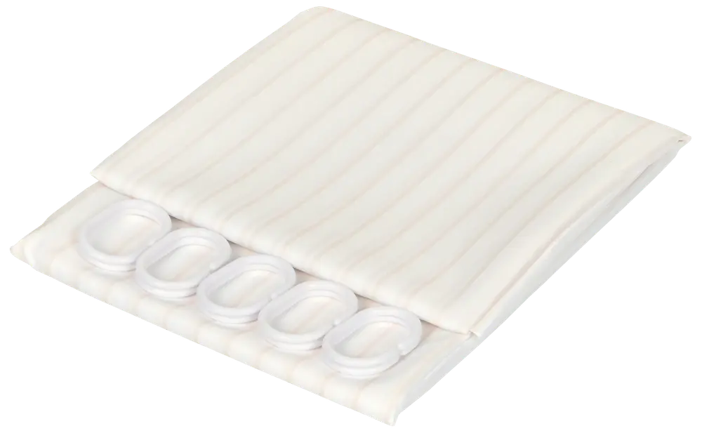 Hvid quiltet gardinpanel med fem store plastikkroge til nem ophængning. Blødt stof med diskrete lodrette striber, velegnet til moderne eller minimalistiske rum.