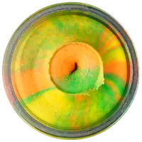 Farverig pisket sæbe i krukke med levende hvirvler af gul, orange og grøn. Glat, cremet tekstur, ideel til rens og fugt. Vegansk og håndlavet produkt.