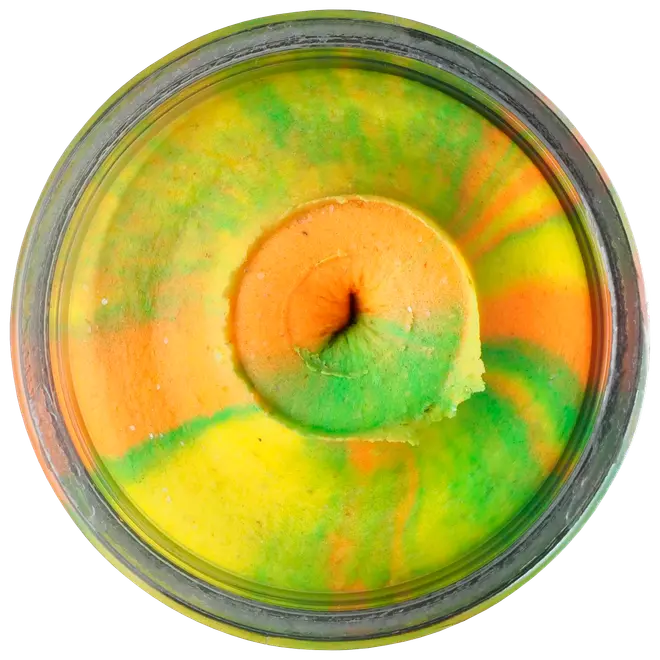 Färgglad vispad tvål i burk med livliga virvlar av gult, orange och grönt. Len, krämig konsistens för rengöring och återfuktning. Vegansk och handgjord produkt.