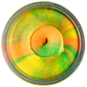 Farverig pisket sæbe i krukke med levende hvirvler af gul, orange og grøn. Glat, cremet tekstur, ideel til rens og fugt. Vegansk og håndlavet produkt.