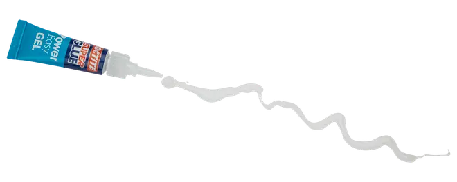 Lille blå tube Loctite Super Glue Power Gel med synlig zigzag-linje af klar gel-lim fra dysen, velegnet til præcise reparationer.