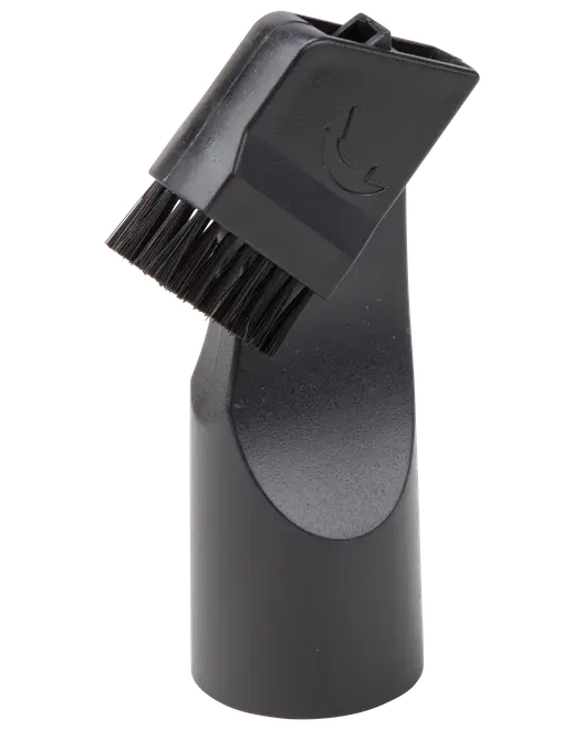 Svart dammsugarborste med vinklade borst och smalt munstycke, perfekt för att rengöra damm och smuts i trånga utrymmen, möbler och känsliga ytor. Tillverkad i hållbar plast.