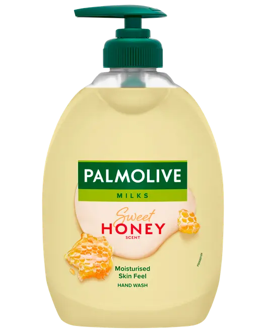 Palmolive Milks Sweet Honey Scent handtvål i gul pumpflaska, med honungskakebilder, återfuktande känsla, passar för daglig handtvätt.