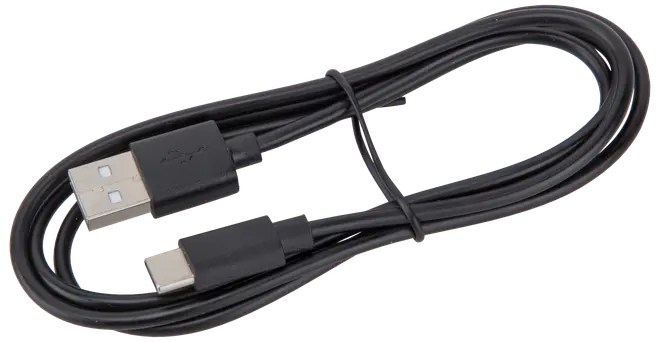 Svart USB-A till USB-C-kabel, cirka 1 meter långt. Har USB-A-kontakt i ena änden och USB-C-kontakt i andra, för laddning och dataöverföring.