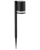Svart cylindrisk utomhusmarklampa med smalt markspett och klar dekorationsring, lämplig för trädgård eller gångväg.
