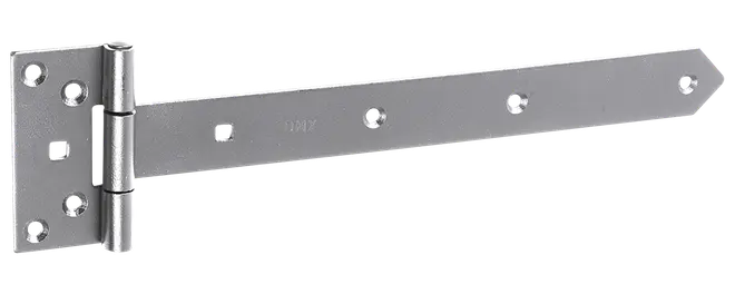 Silverfärgat metallbandgångjärn med lång flat arm, rund platta och flera skruvhål för dörrar, grindar eller skåp.