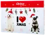Julekalender til hunde med to hunde i nissehuer, nummererede låger, julepynt og teksten "I love Xmas". Indeholder daglige godbidder til kæledyr i juletiden.