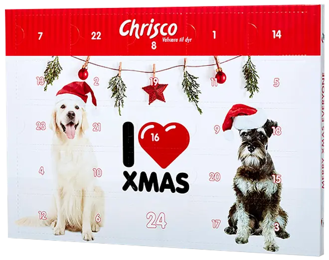 Julekalender til hunde med to hunde i nissehuer, nummererede låger, julepynt og teksten "I love Xmas". Indeholder daglige godbidder til kæledyr i juletiden.
