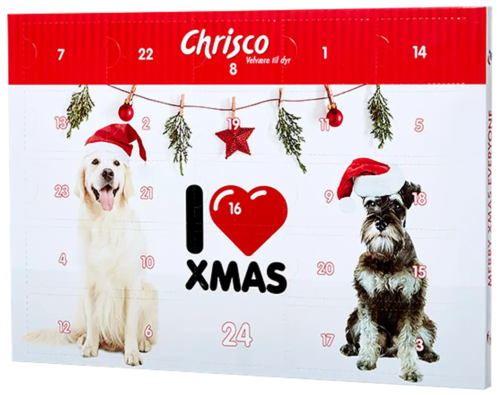 Adventskalender för hundar med två hundar i tomteluvor, numrerade luckor, juldekorationer och texten "I love Xmas". Innehåller dagliga godsaker till husdjur.