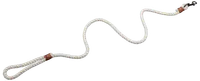 Hvid snoet reb med løkke i den ene ende og metalclips i den anden, forstærket med brune læderbånd for ekstra holdbarhed og sikker fastgørelse.
