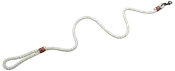 Hvid snoet reb med løkke i den ene ende og metalclips i den anden, forstærket med brune læderbånd for ekstra holdbarhed og sikker fastgørelse.
